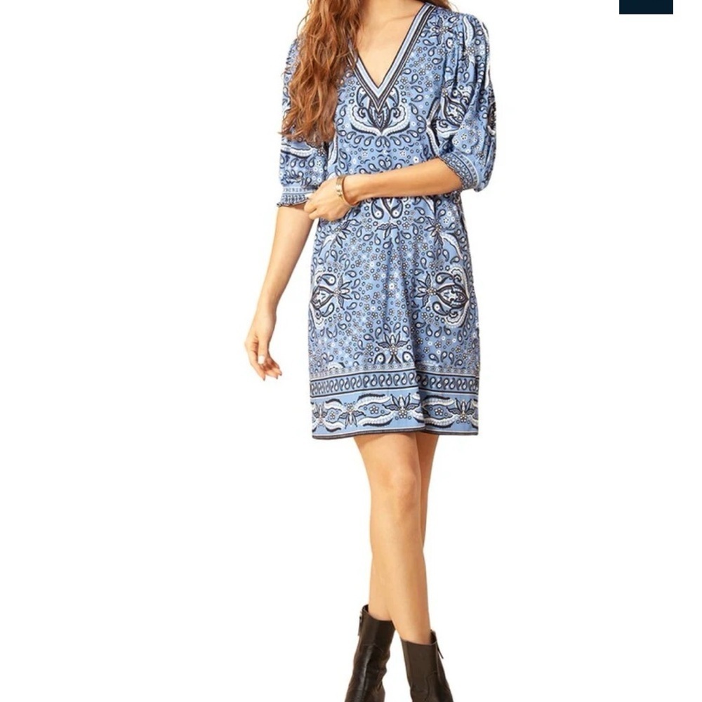 Hale Bob Denise Blue Paisley Jersey Mini Dress V Neck Coastal Preppy Medium